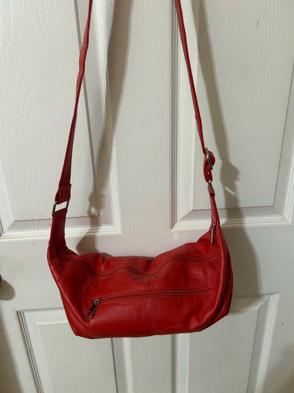 Classic Red Leather Crossbody Bag with Front Zip Pocket